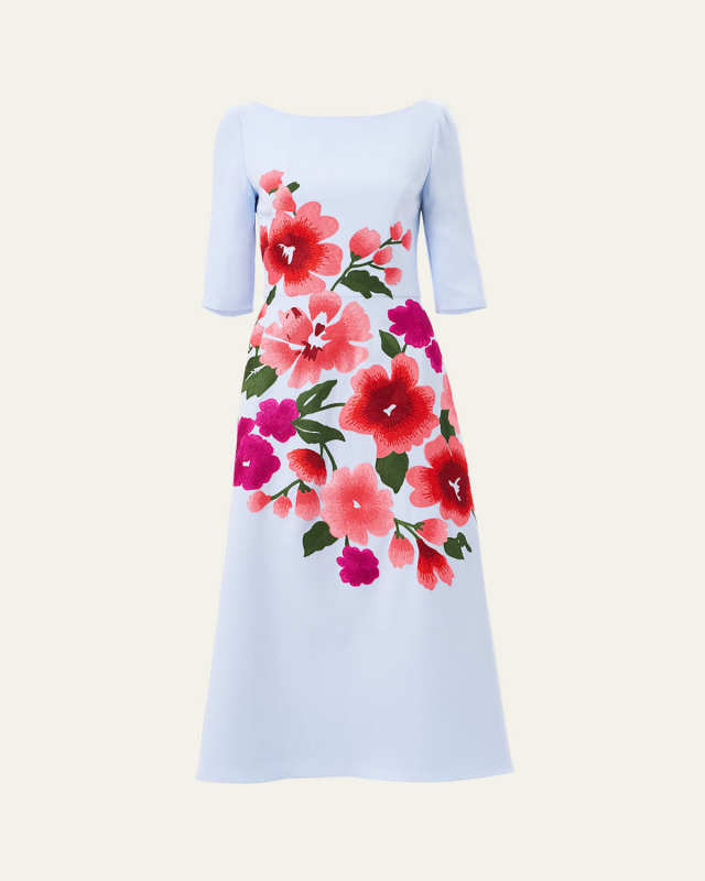 Floral Embroidered 3/4-Sleeve Midi Dress